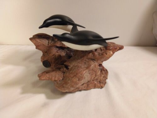 John Perry Sculpture Orca Killer Whales Couple On Burl Wood 8"