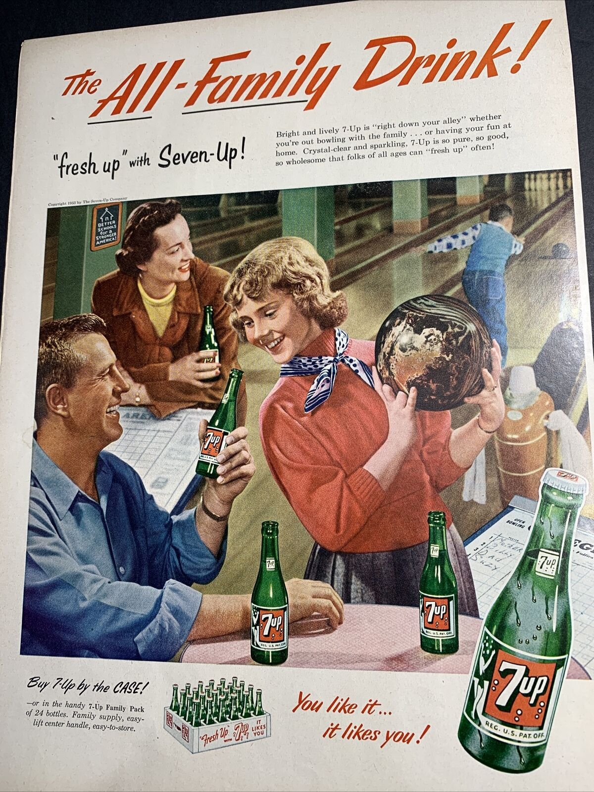 7up Soda Pop Ad Pretty Pin Up  Bowling Alley Swimsuit Bottle 1953