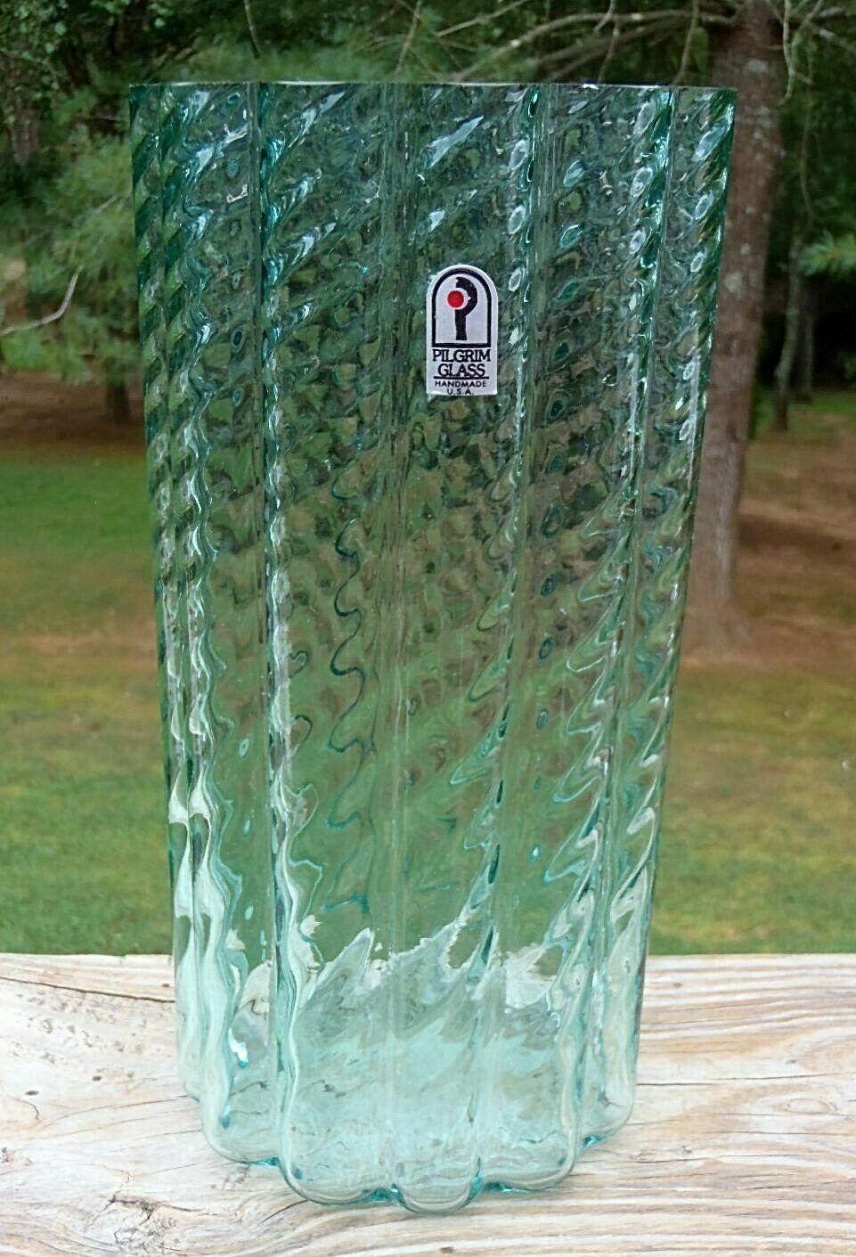 Vintage Pilgrim Glass Aqua Teal Optic Swirl Blown 9.25" Vase W/original Label Nr