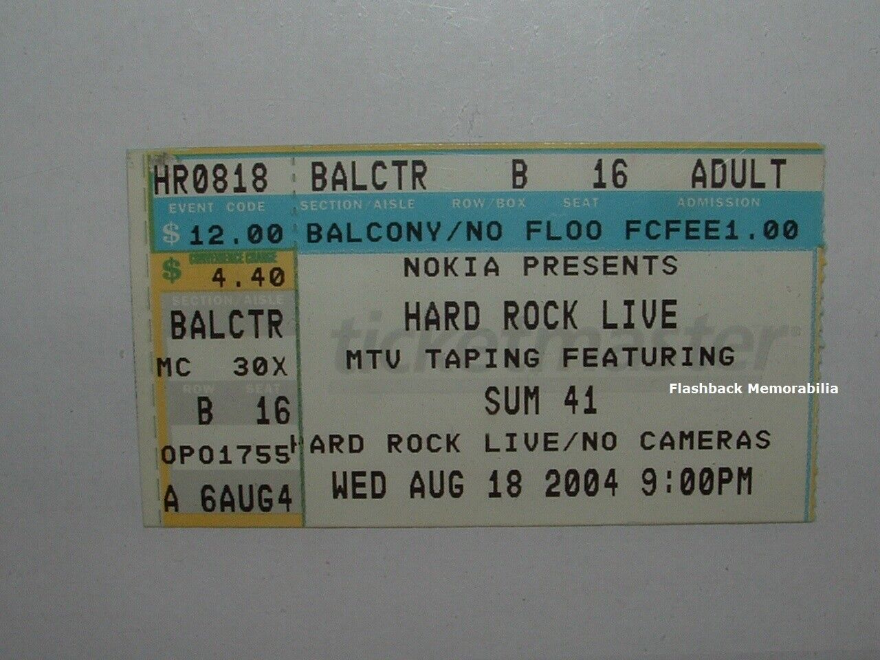 Sum 41 Concert Ticket Stub Orlando Fl Hard Rock Cafe 2004 Very Rare Mtv Taping