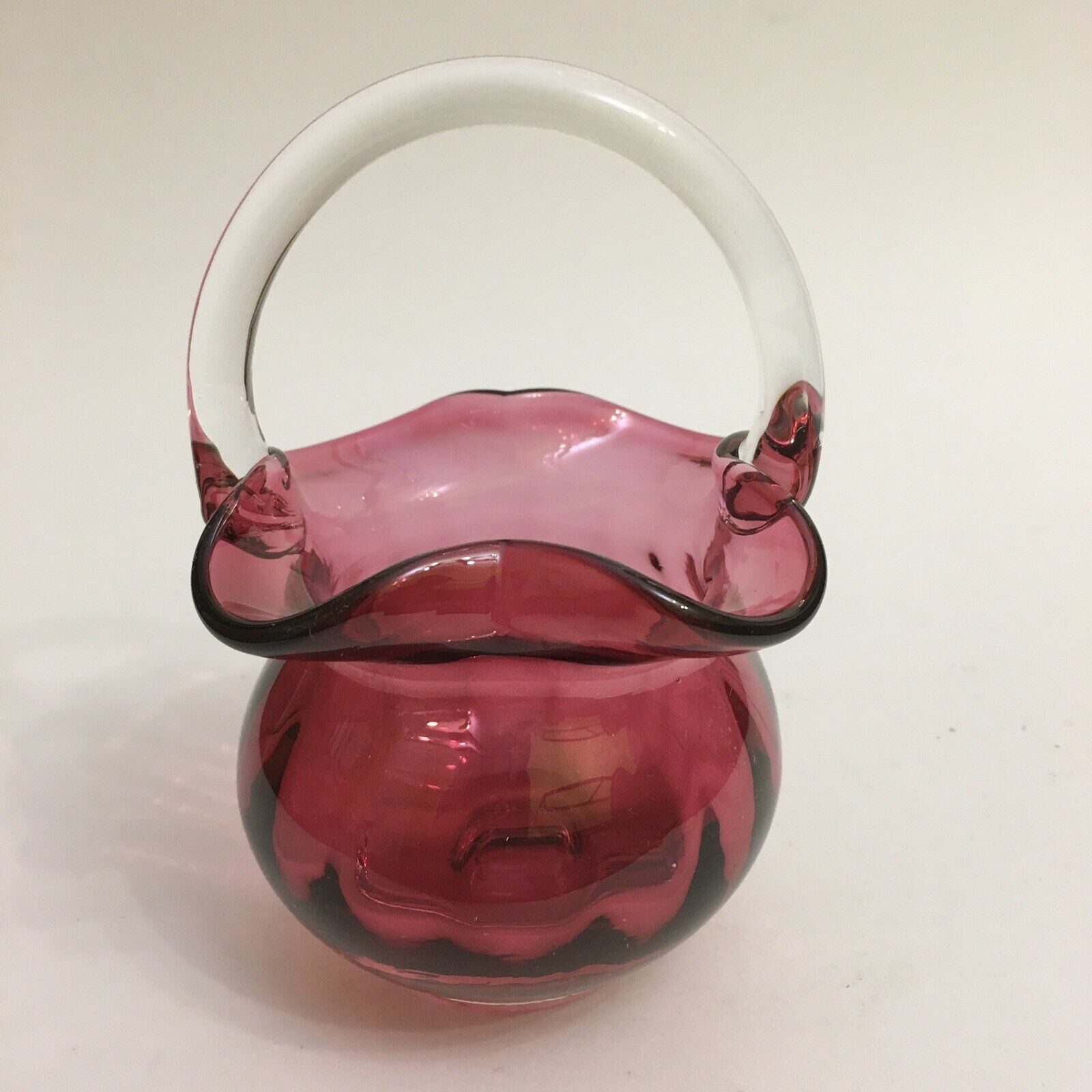 Vintage Pilgrim 5 1/2" Cranberry Art Glass Basket With Applied Handle