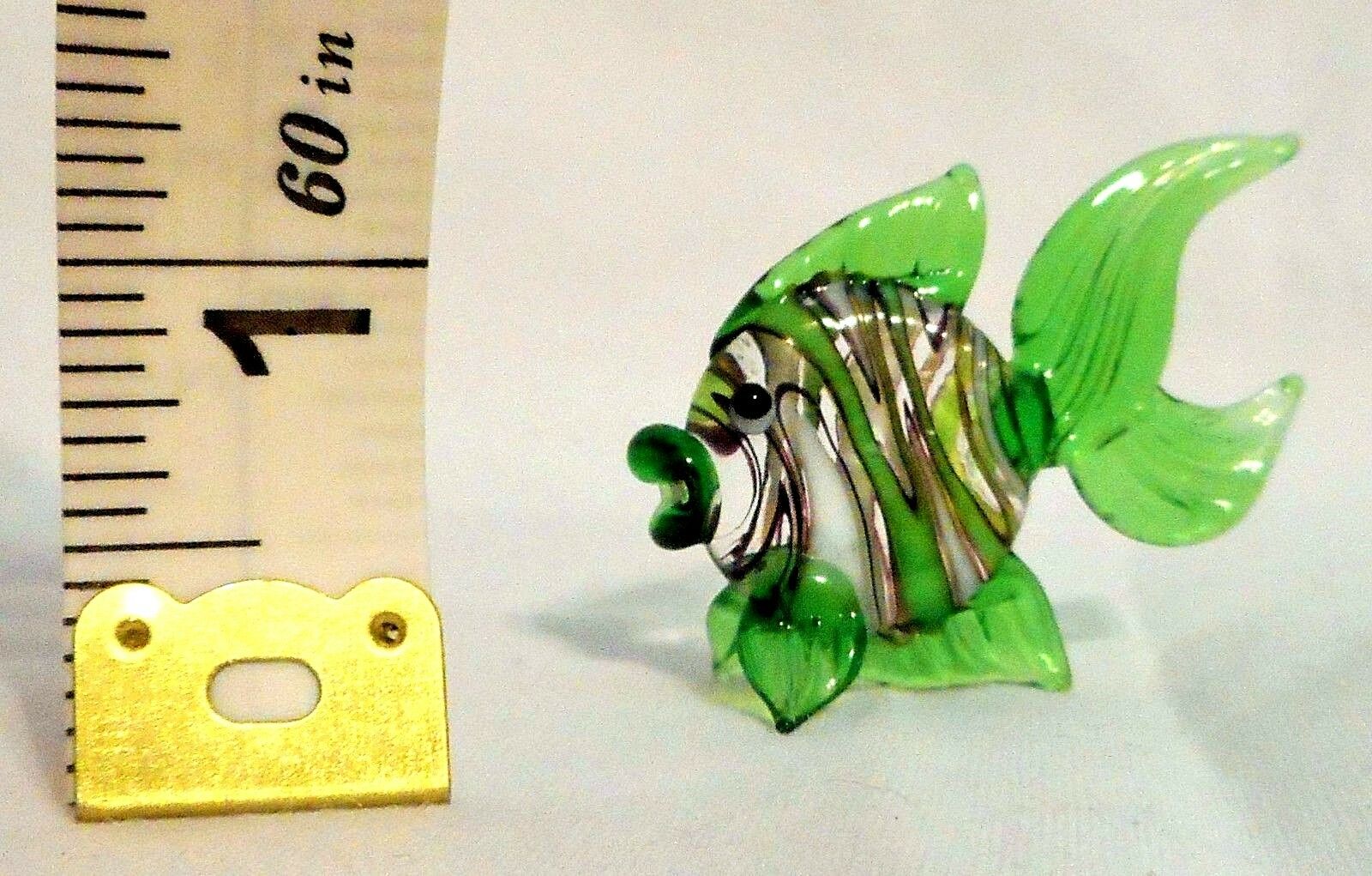Green Glass Fish Figurine White Stripes  Miniature 1" Tall  Cute Hand Crafted