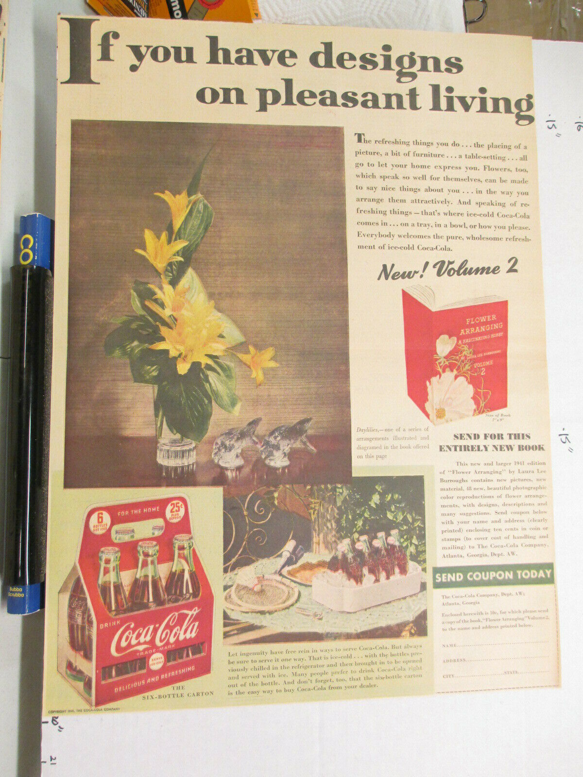 Newspaper Ad 1941 Coca Cola Soda Bottle Amer Weekly Daylilies Flower Arrange Ful