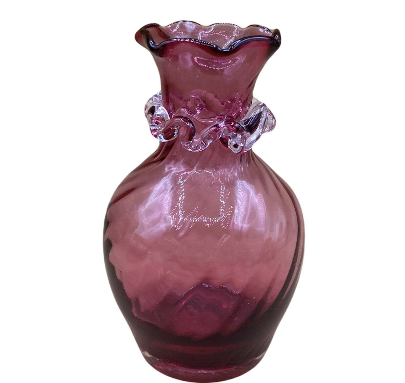 Vintage Cranberry 4 1/2” Pilgrim Glass Swirl Vase Applied Filigree & Pontil