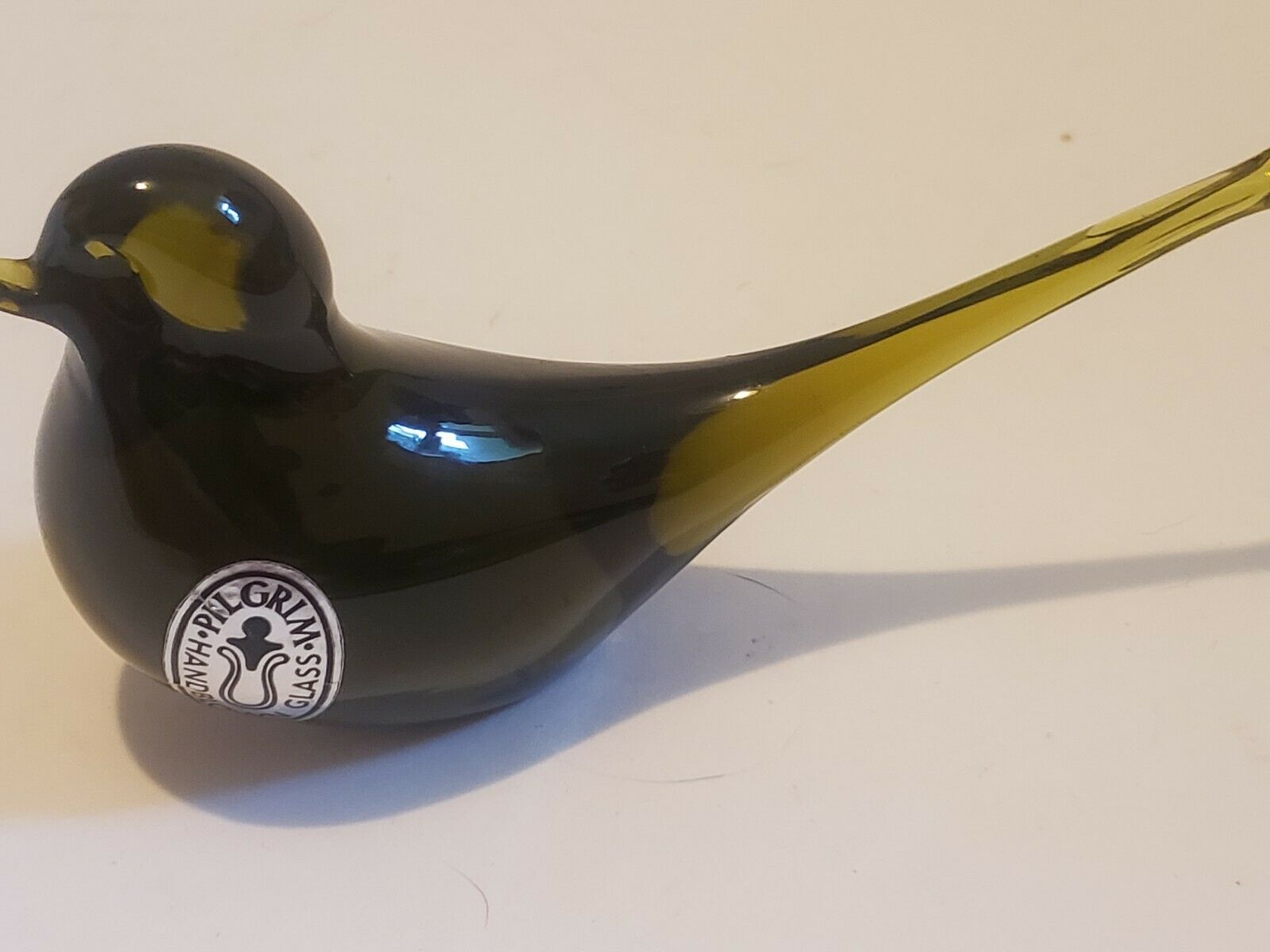 Vtg Pilgrim Glass Green Bird Long Tail. Hand Blown Glass With Sticker
