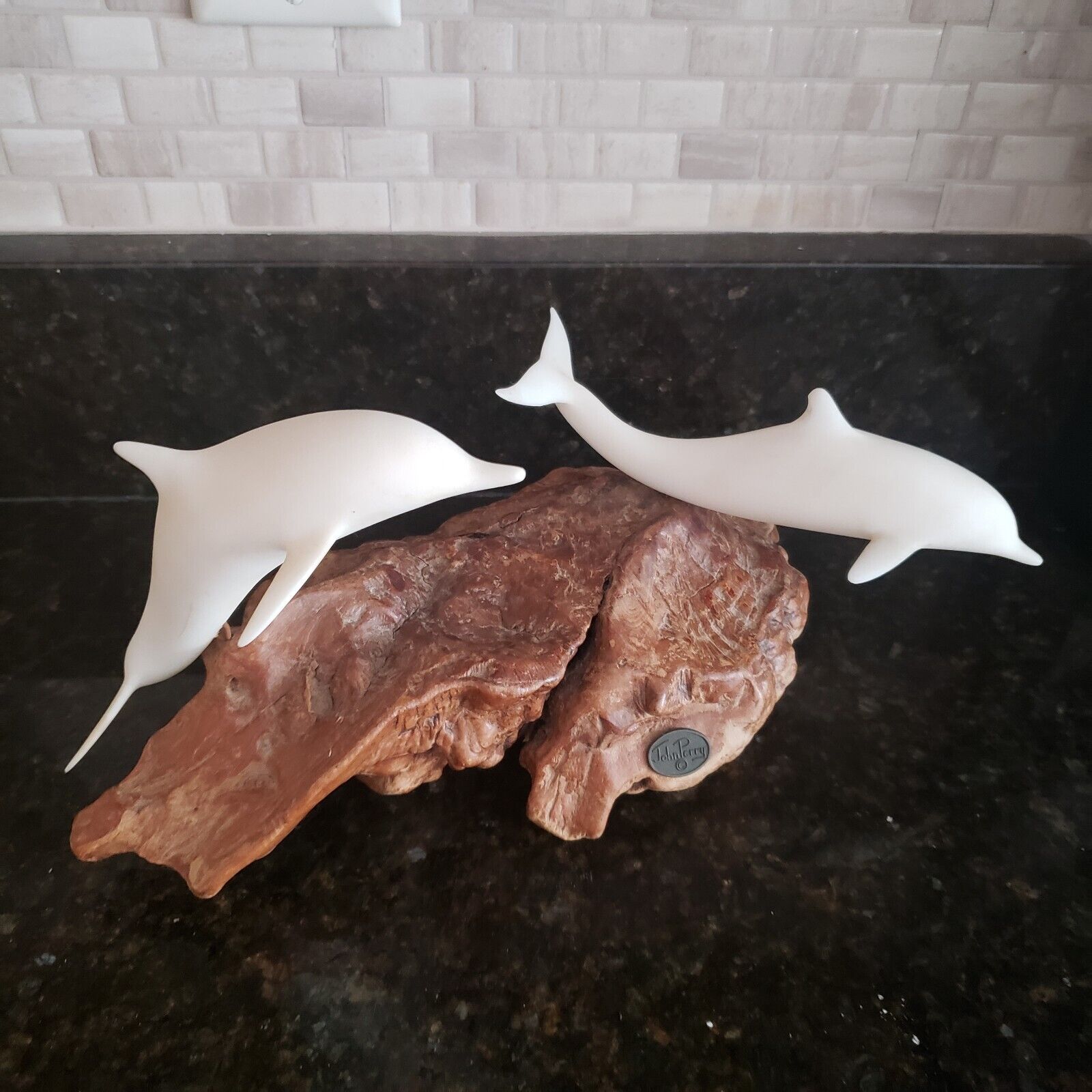 Vintage Large John Perry Dolphin Pair Sculpture On Burl Wood