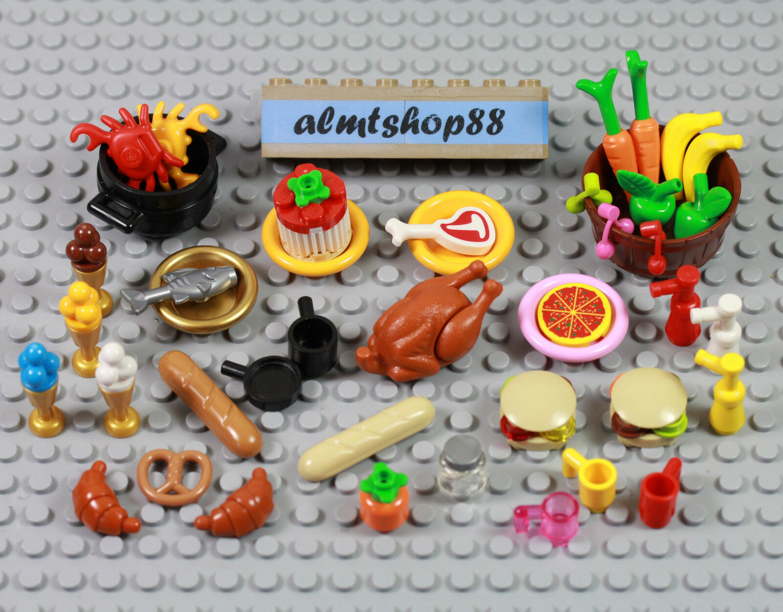 Lego - 43 Pcs Lot Minifigure Food Picnic Bbq Bread Hamburger Turkey Pizza Town