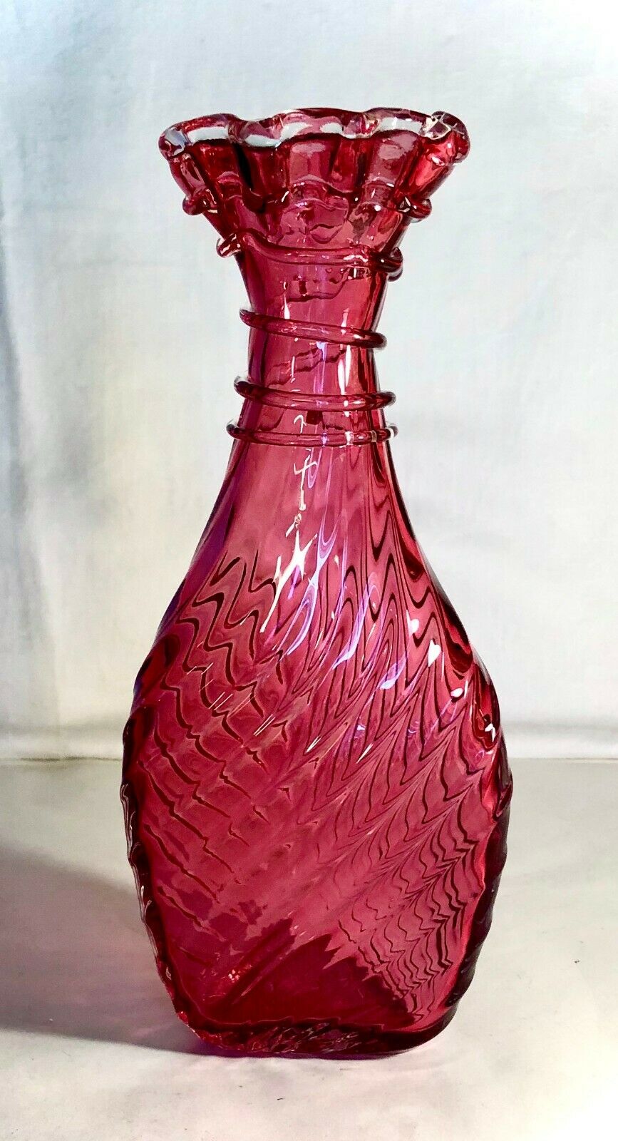 Vintage Cranberry Art Glass Tri-cornered 9" Vase