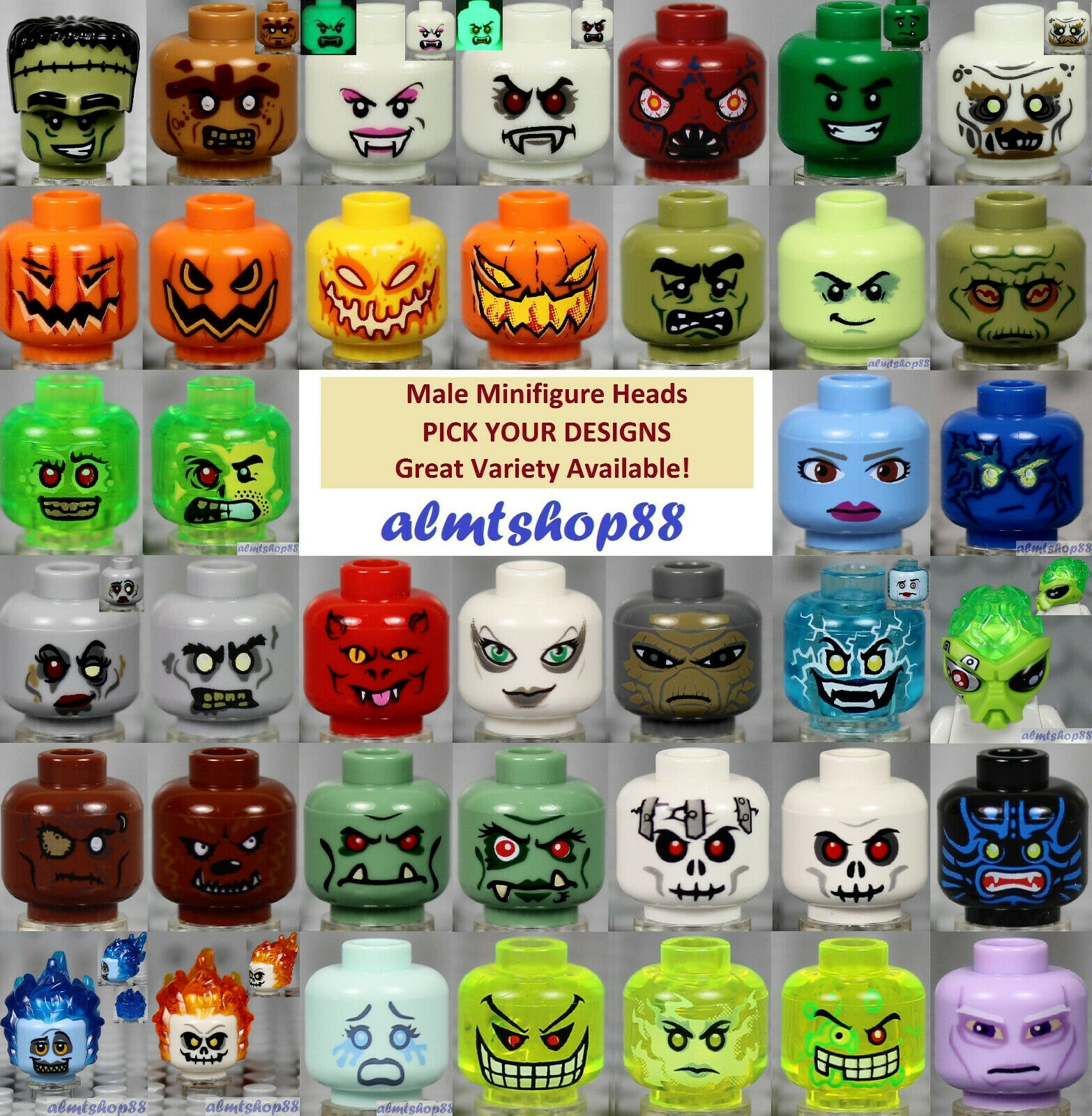 Lego - Minifigure Heads - Pick Your Style - Monster Alien Zombie Halloween Male