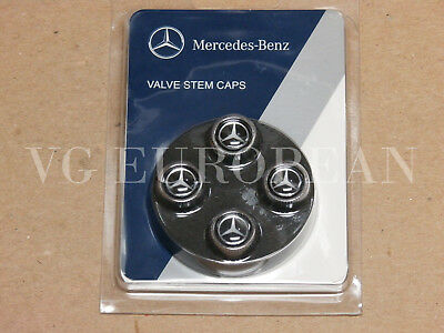 Mercedes-benz Genuine Tire Valve Stem Cap Set, Silver Star On Black Caps Oem
