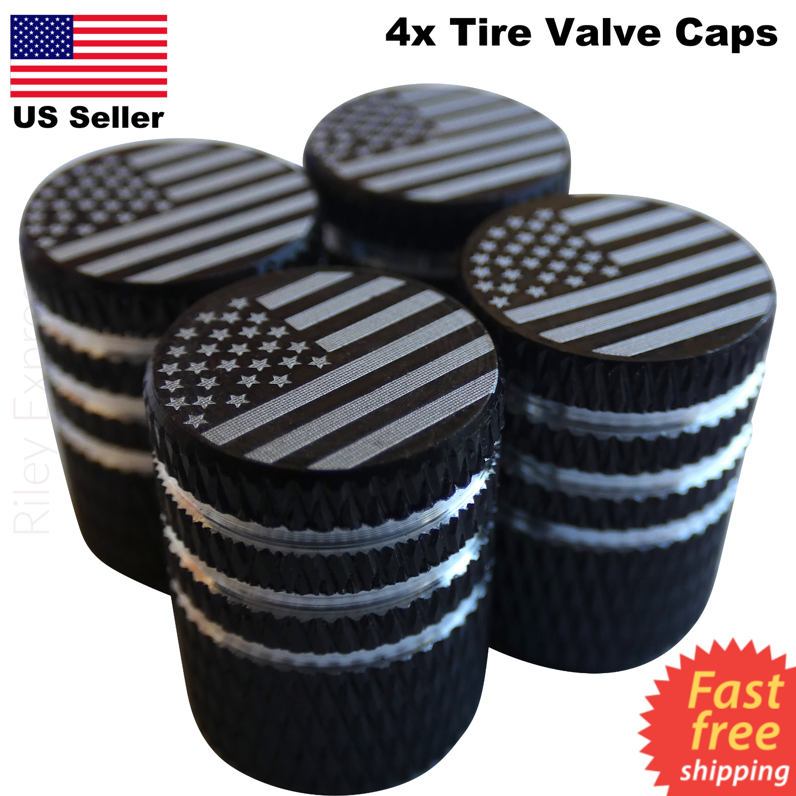 4x Wheel Tire Valve Cap Stem Cover For Bike, Car, Trucks American Flag Black