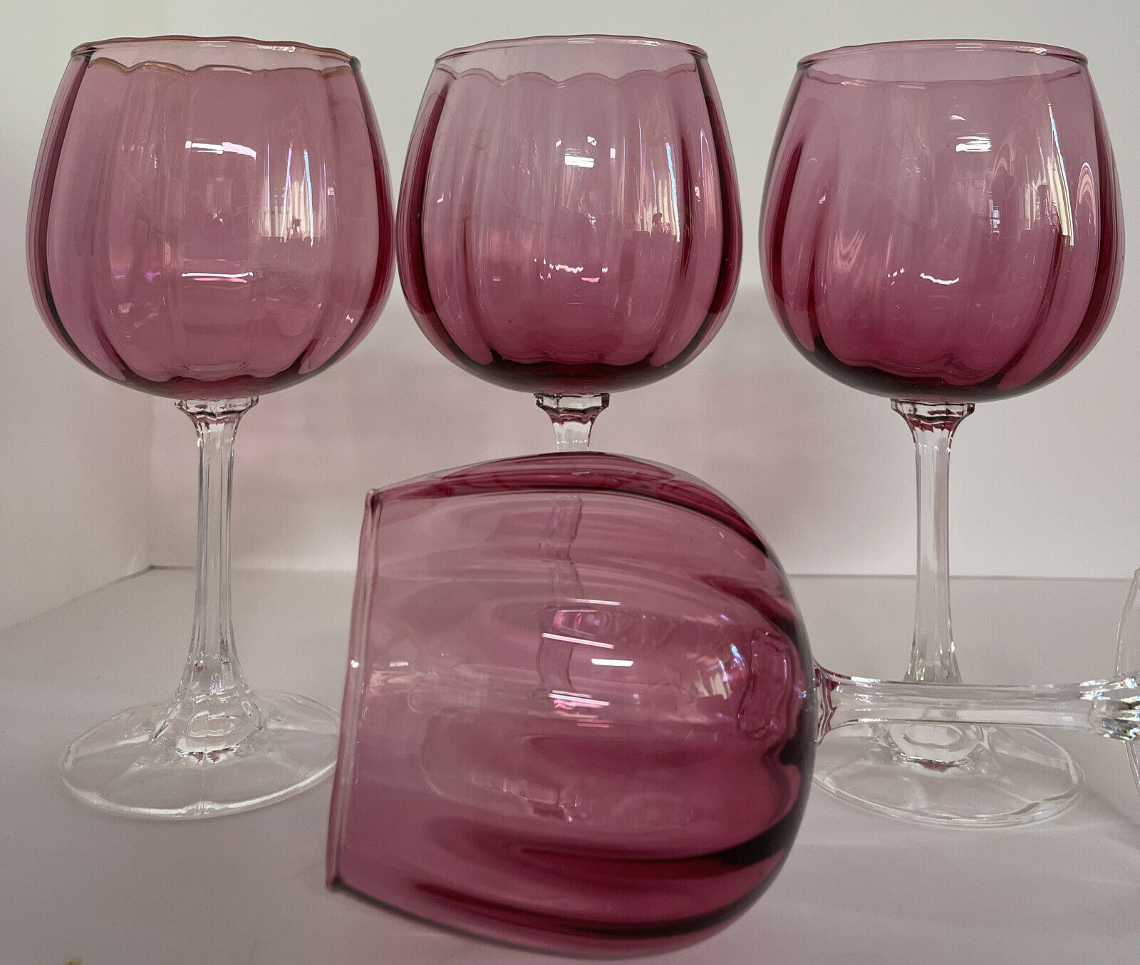 4 Crystal Cranberry Wine Glasses, Vtg Pilgrim, Optic Bowls Clear Stems R1/31