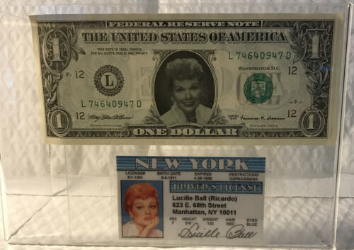 Lucille Ball New York Driver’s License & Dollar Bill Featuring Lucille Ball