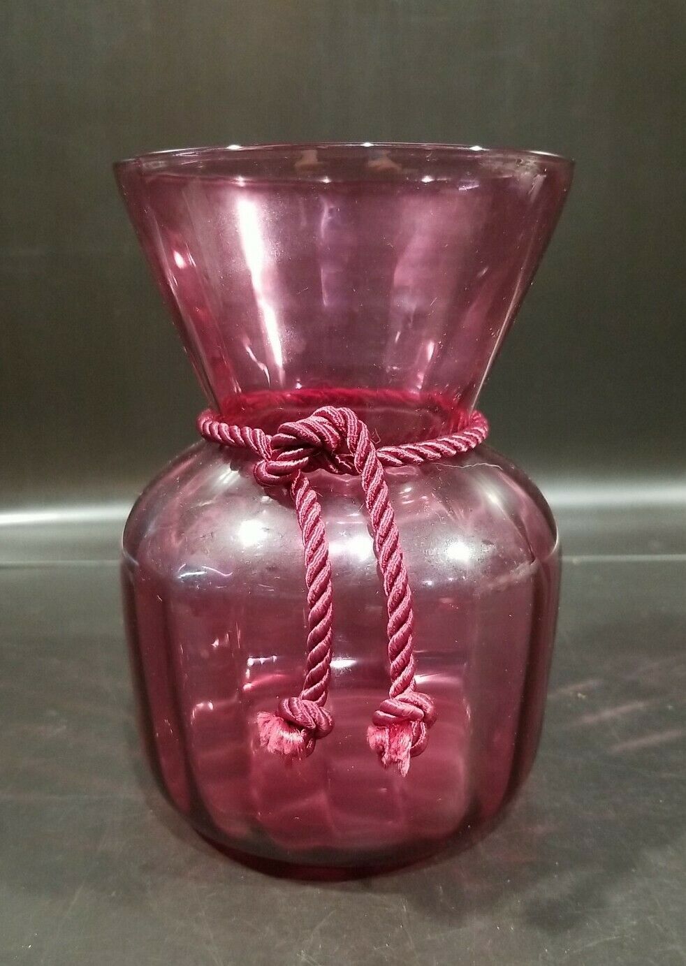 Vintage Pilgrim Cranberry Glass Sac Vase Ribbed, Hand Blown, Original Rope Tie