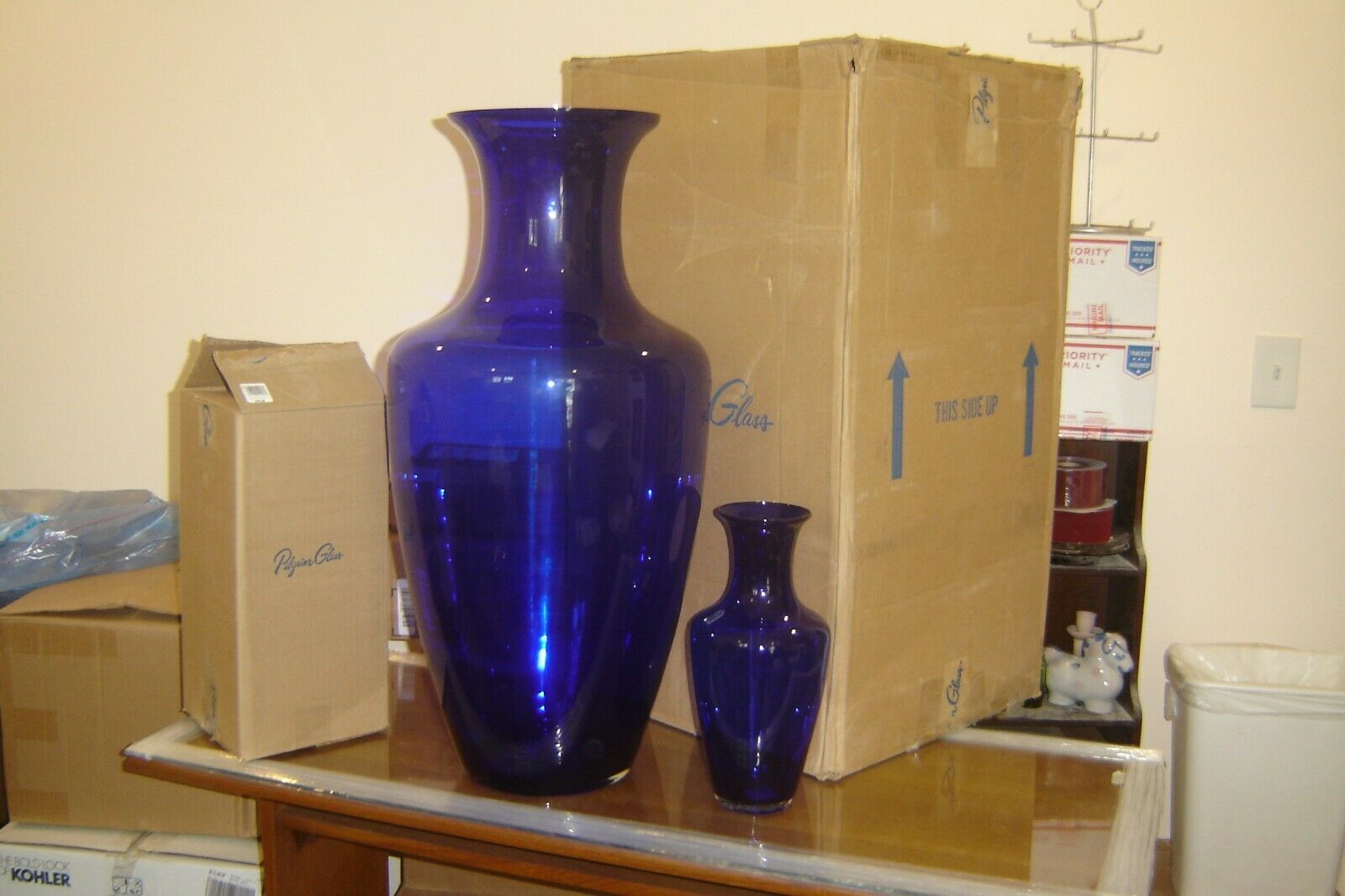 Pilgrim Art Glass Cobalt Blue 1918 & 1920 (massive Size) Delphi Vases Orig Boxes