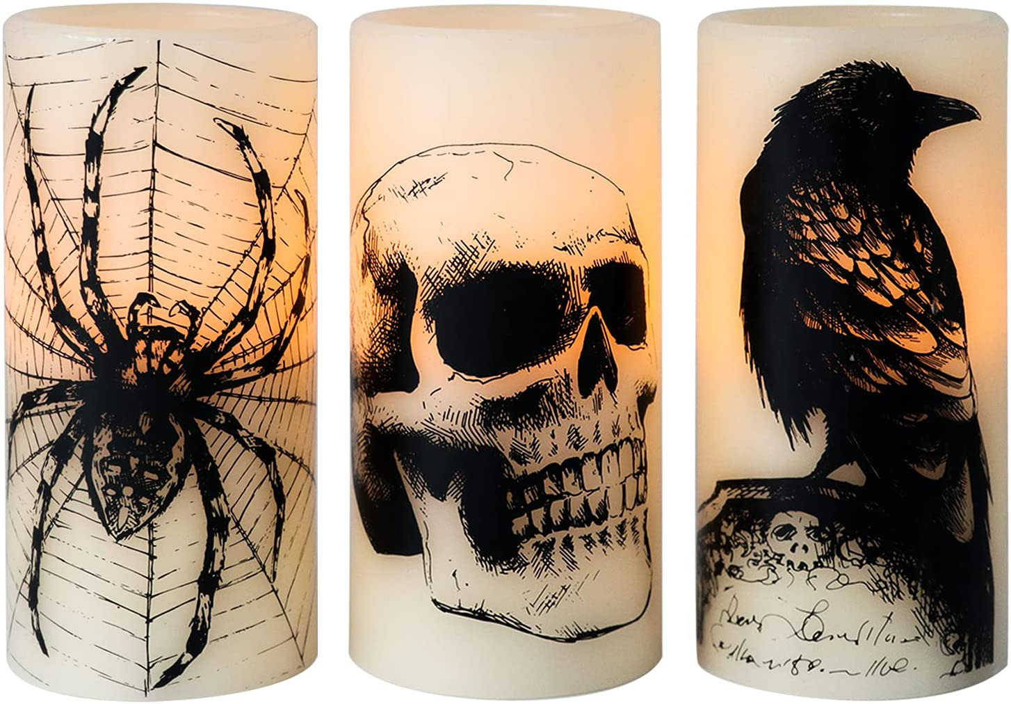 Eldnacele Halloween Flickering Candles With Skull, Spider Web, Crow Raven Decals